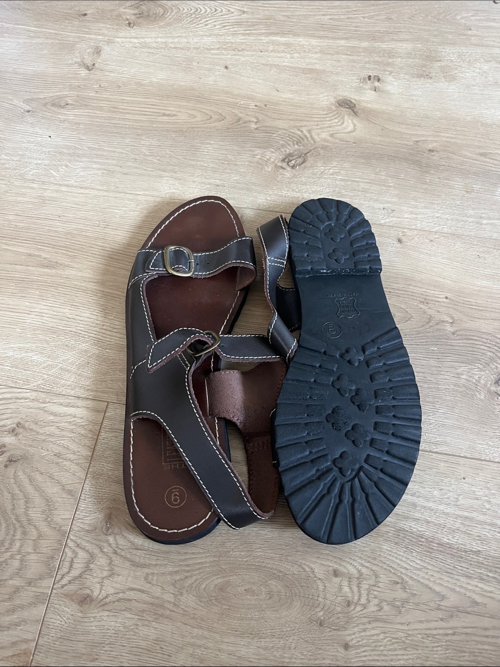 New Women Brown Leather Buckle Sandals with Rugged Rubber Outsole Made In Brazil